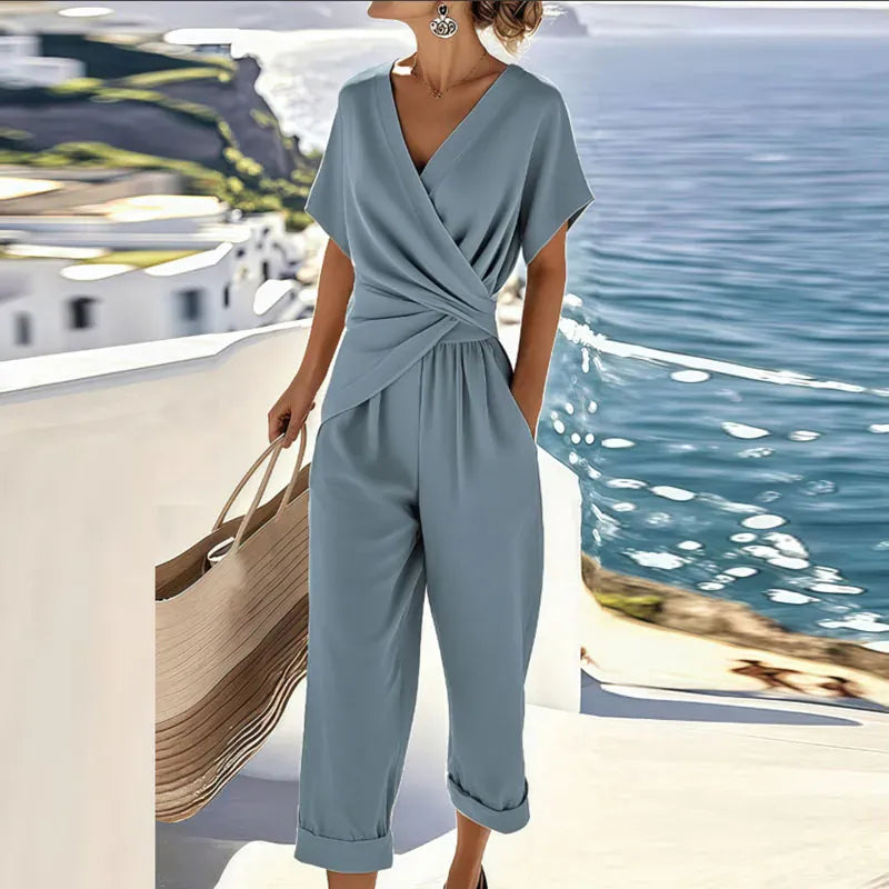 Women's V-neck Top & Trousers Set | Two-Piece