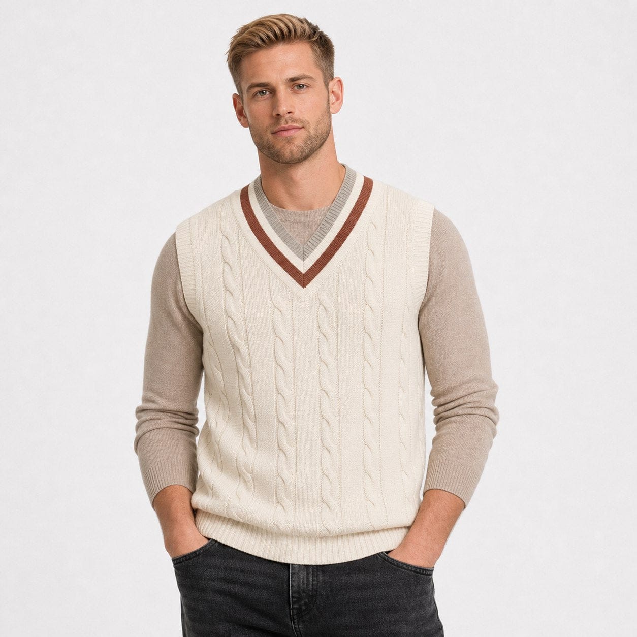 Men's Cable-Knit Sweater Vest | Contrast V-Neck Trim