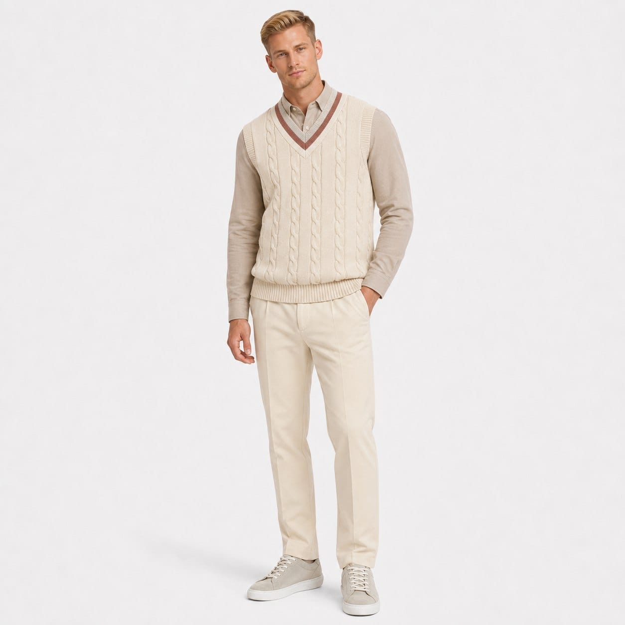 Men's Cable-Knit Sweater Vest | Contrast V-Neck Trim