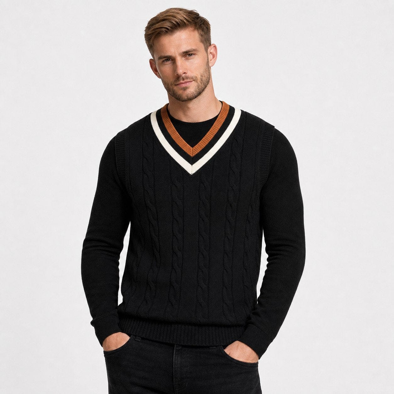 Men's Cable-Knit Sweater Vest | Contrast V-Neck Trim