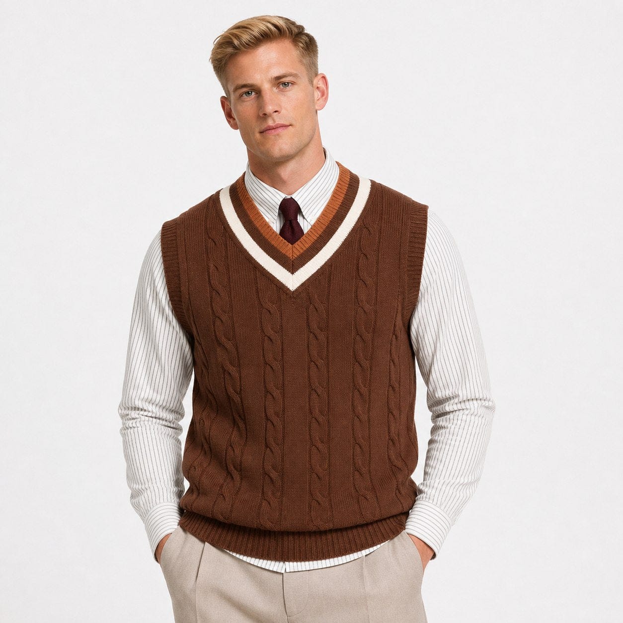 Men's Cable-Knit Sweater Vest | Contrast V-Neck Trim