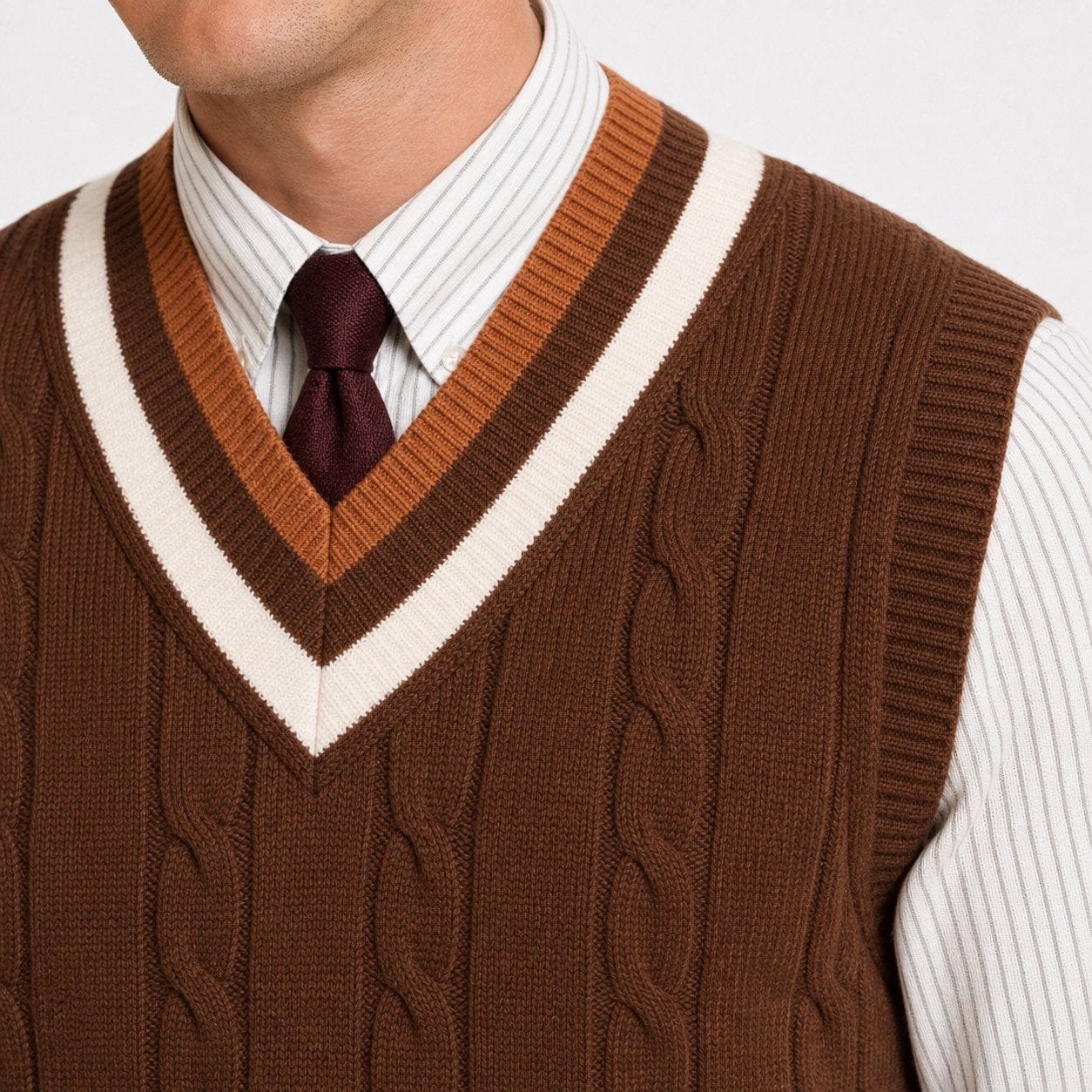 Men's Cable-Knit Sweater Vest | Contrast V-Neck Trim