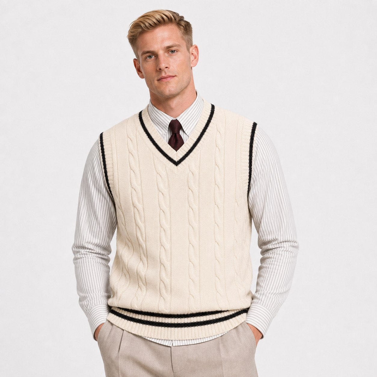 Men's Cable-Knit Sweater Vest | Striped V-Neck & Hem Trim