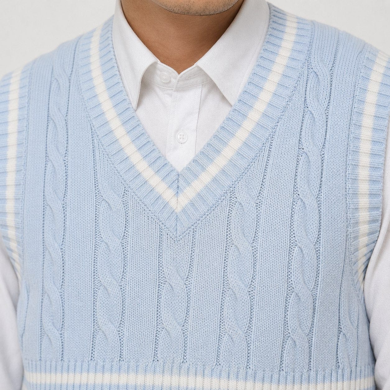 Men's Cable-Knit Sweater Vest | Striped V-Neck & Hem Trim