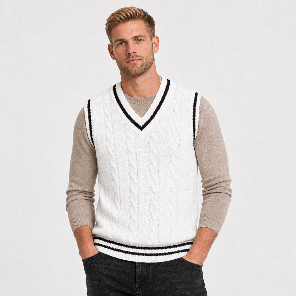 Men's Cable-Knit Sweater Vest | Striped V-Neck & Hem Trim
