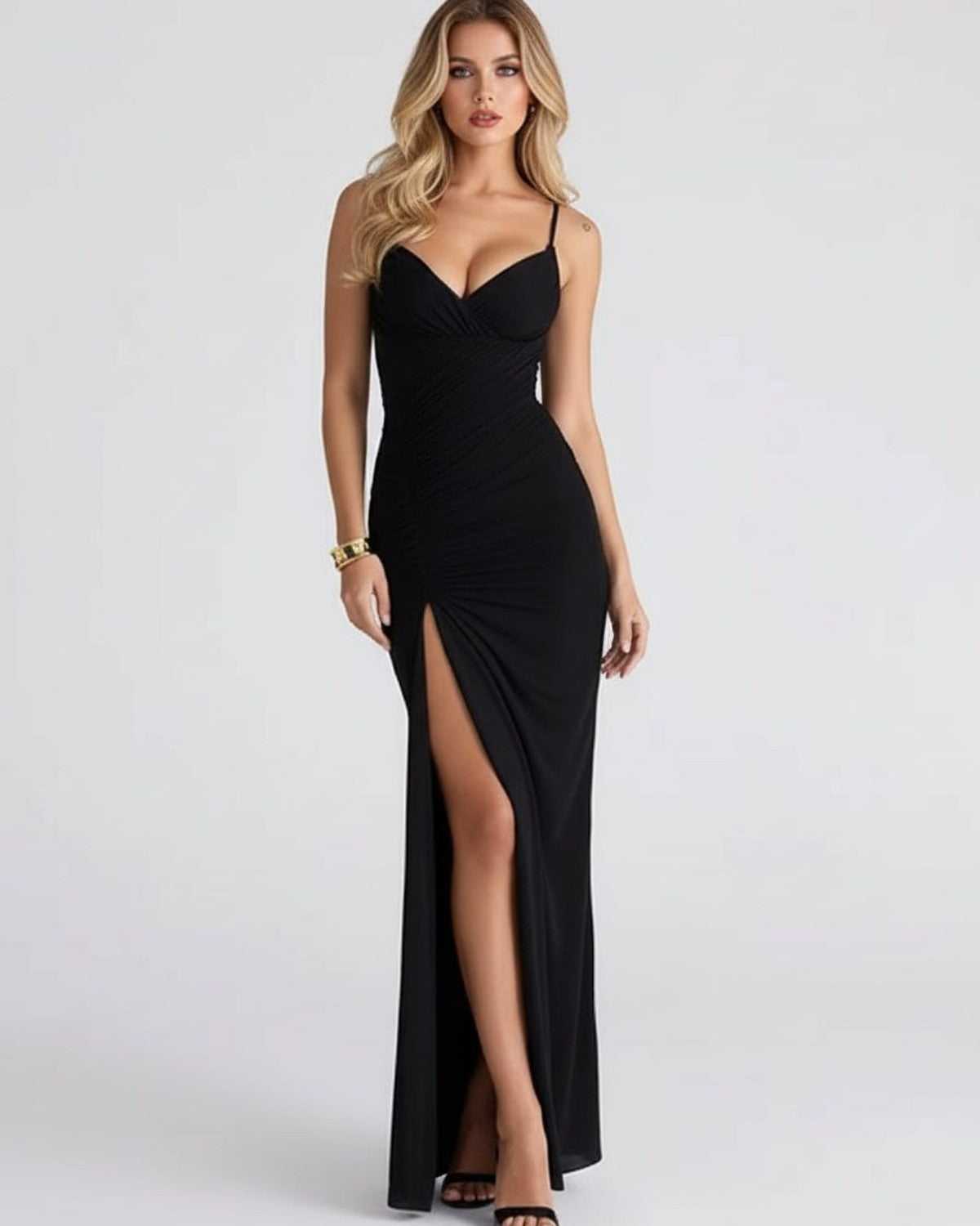 Wedding Guest Dress Women Maxi | Spaghetti Straps, Ruched Bodice & High Split