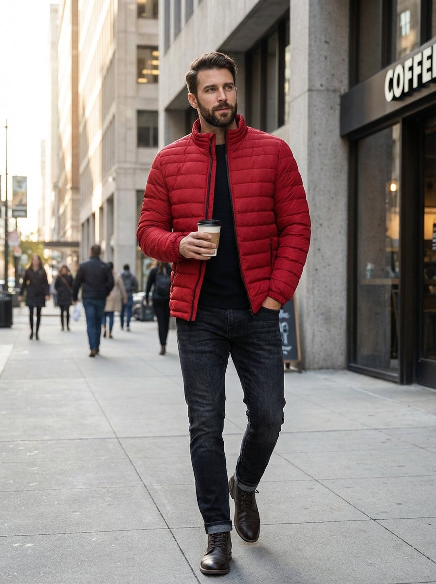 Men's Stand Collar Quilted Zip-Up Jacket | Puffer