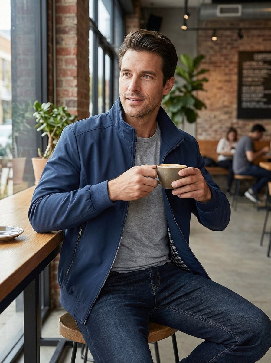 Men's Stand Collar Zipper Ribbed Cuff Jacket | Zip Pockets