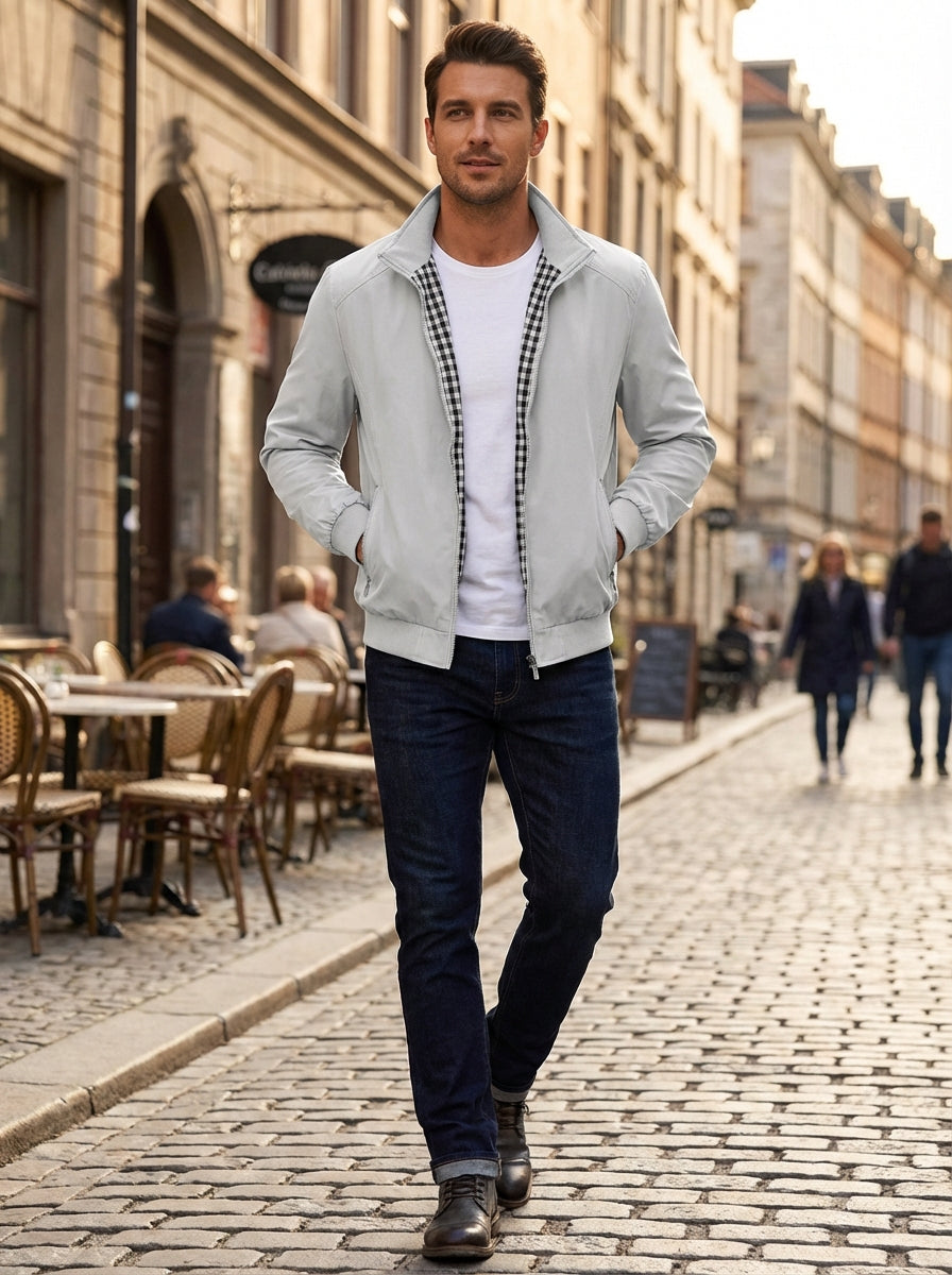 Men's Stand Collar Zipper Ribbed Cuff Jacket | Zip Pockets