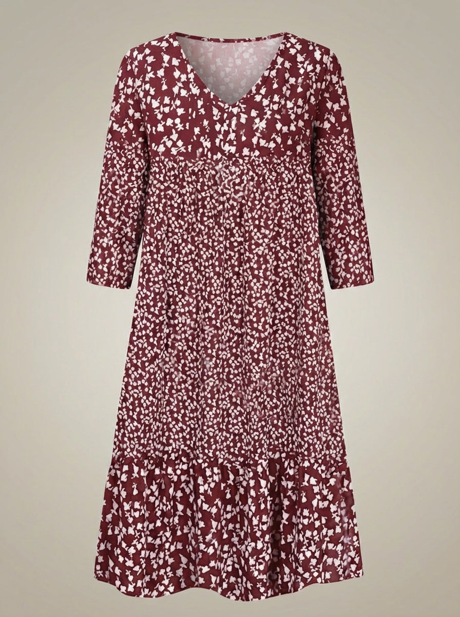 Women's V-Neck 3/4 Sleeves Boho Flared A-Line Dress | Printed