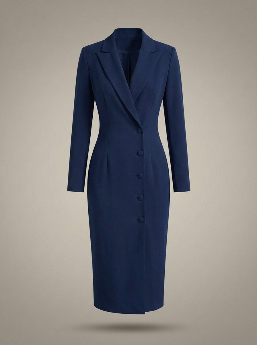 Women's Lapel Collar Long Sleeves Formal Fitted Blazer Dress | Midi