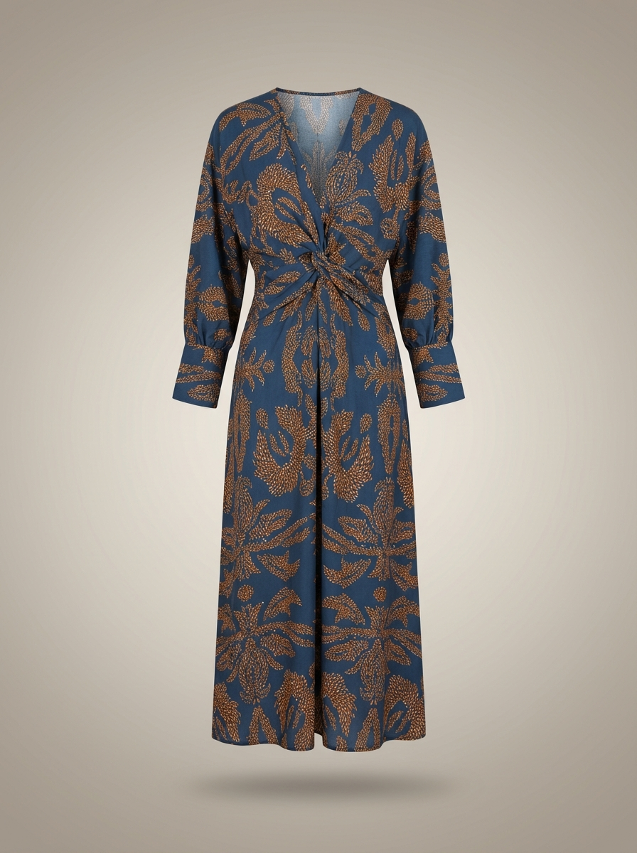 Women's V-Neck Long Sleeves Wrap Printed Boho Dress | Midi