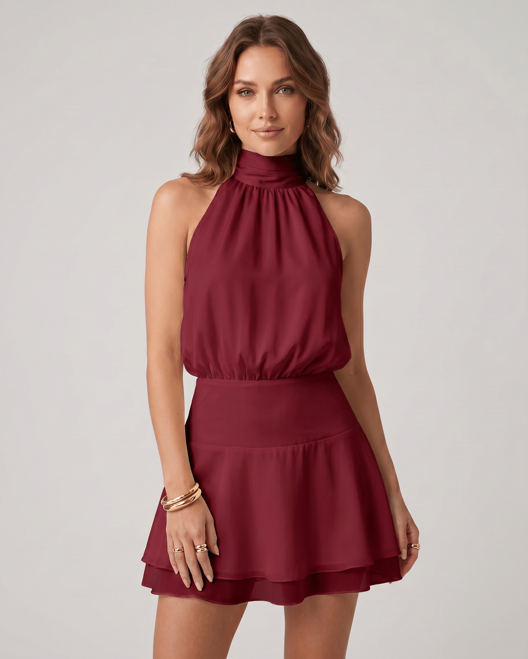 Mini Dress Women Halter Neck | Tiered Skirt & Blouson Bodice