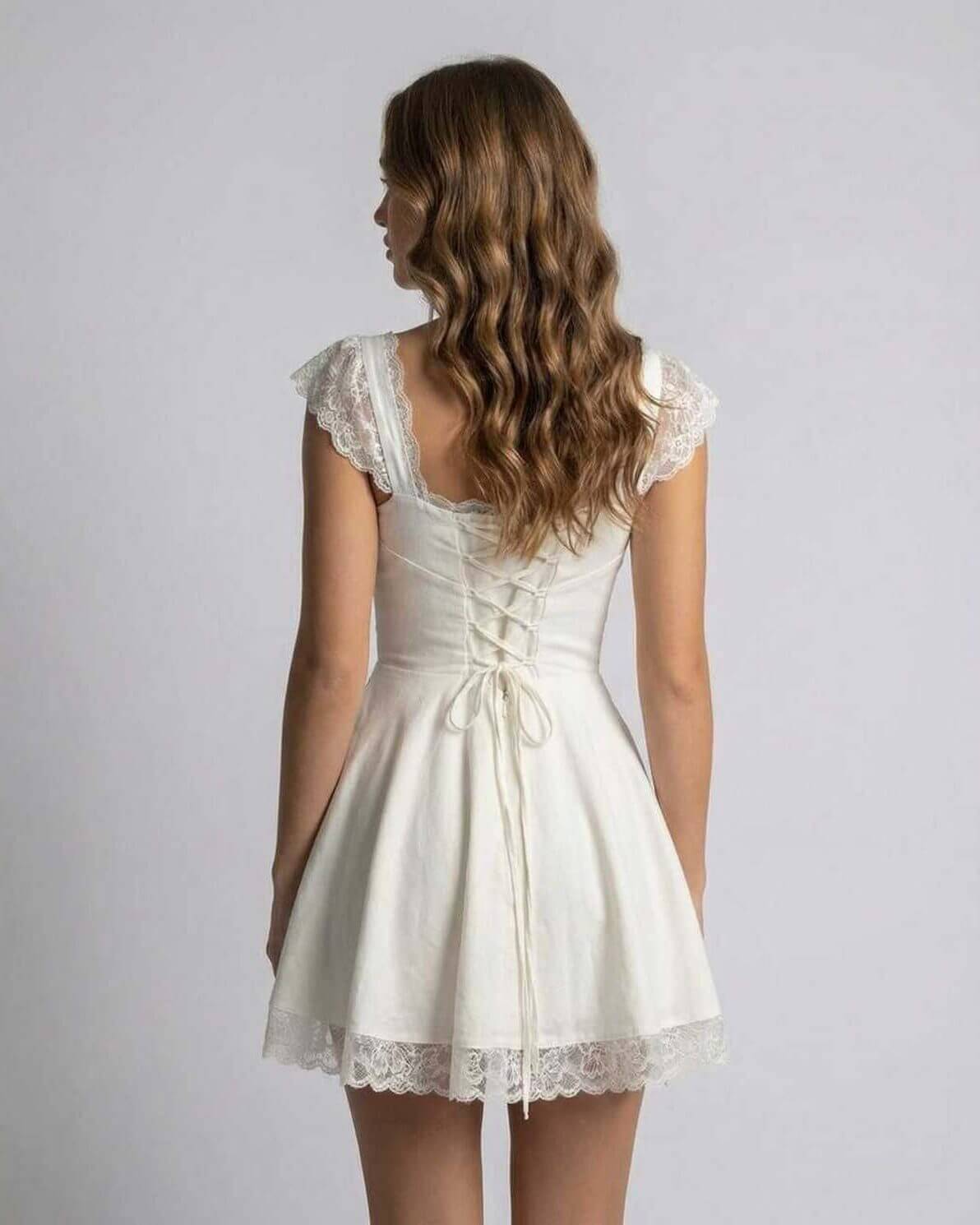 Mini Dress Women | Lace Trim, Flutter Sleeves & Lace-Up Back