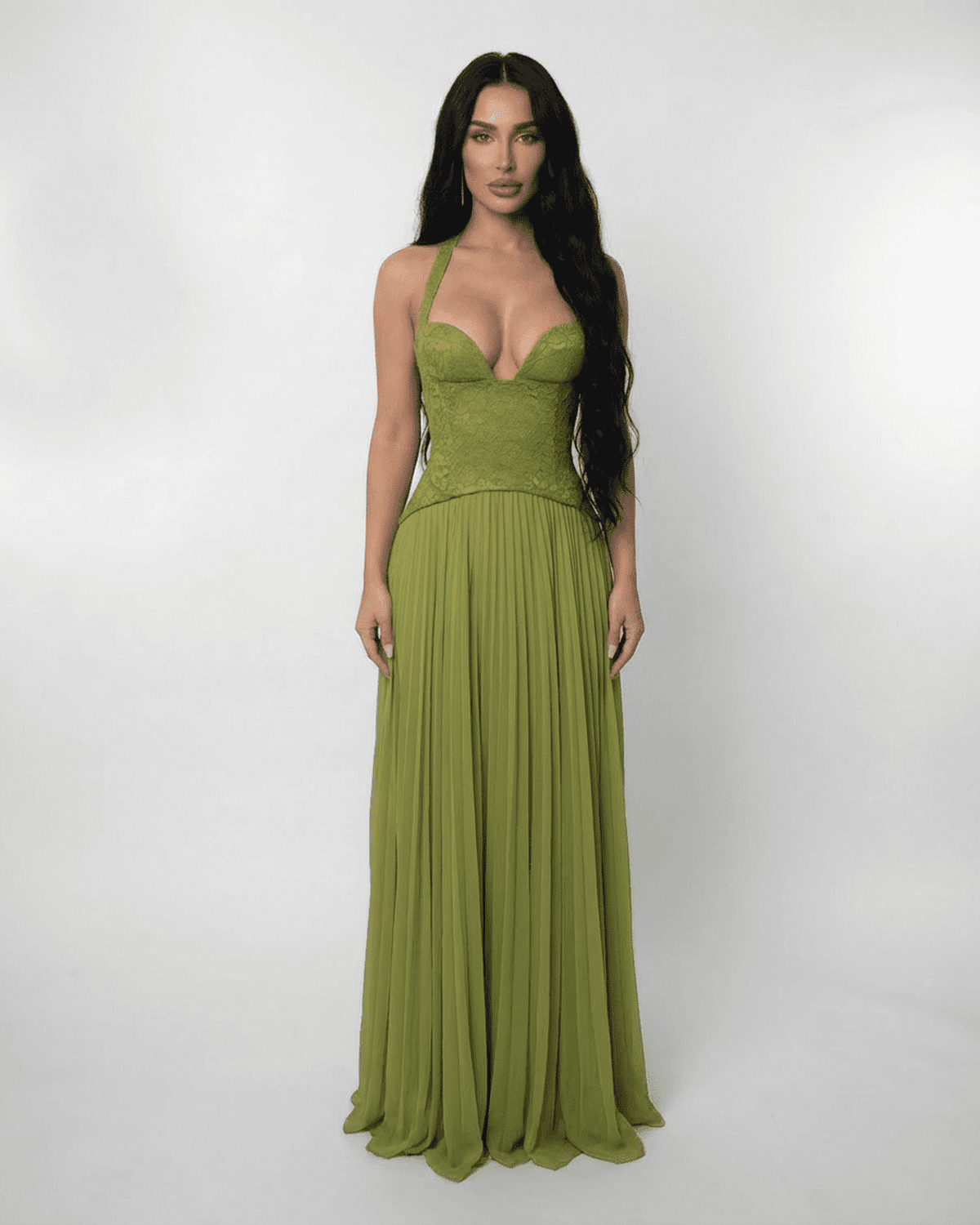Wedding Guest Dress Women Maxi | Halter Neck, Lace Bodice & Pleated Skirt