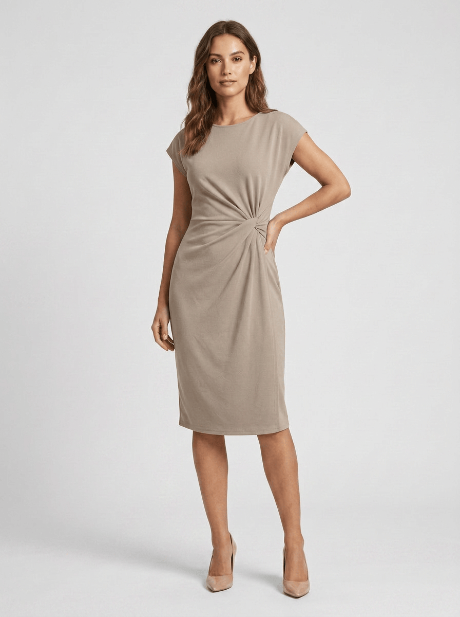 Women's Round Neck Cap Sleeves Side Twist Ruched Dress | Midi