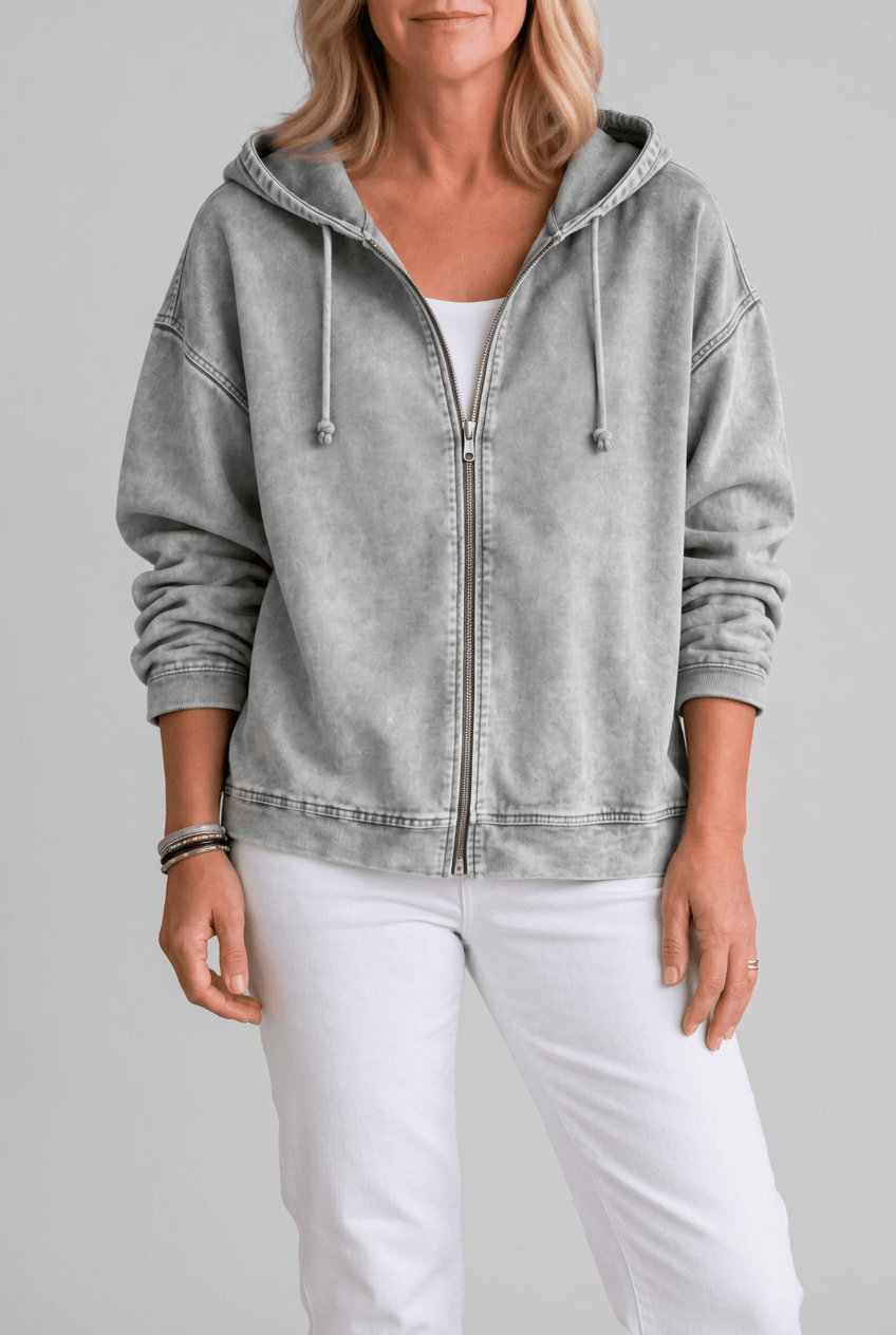 Women's Full Zip Washed Hoodie | Drawstring Hood