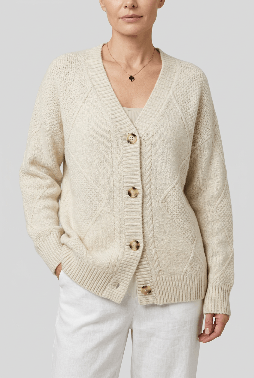 Woman's V-Neck Button-Front Cardigan | Cable Knit