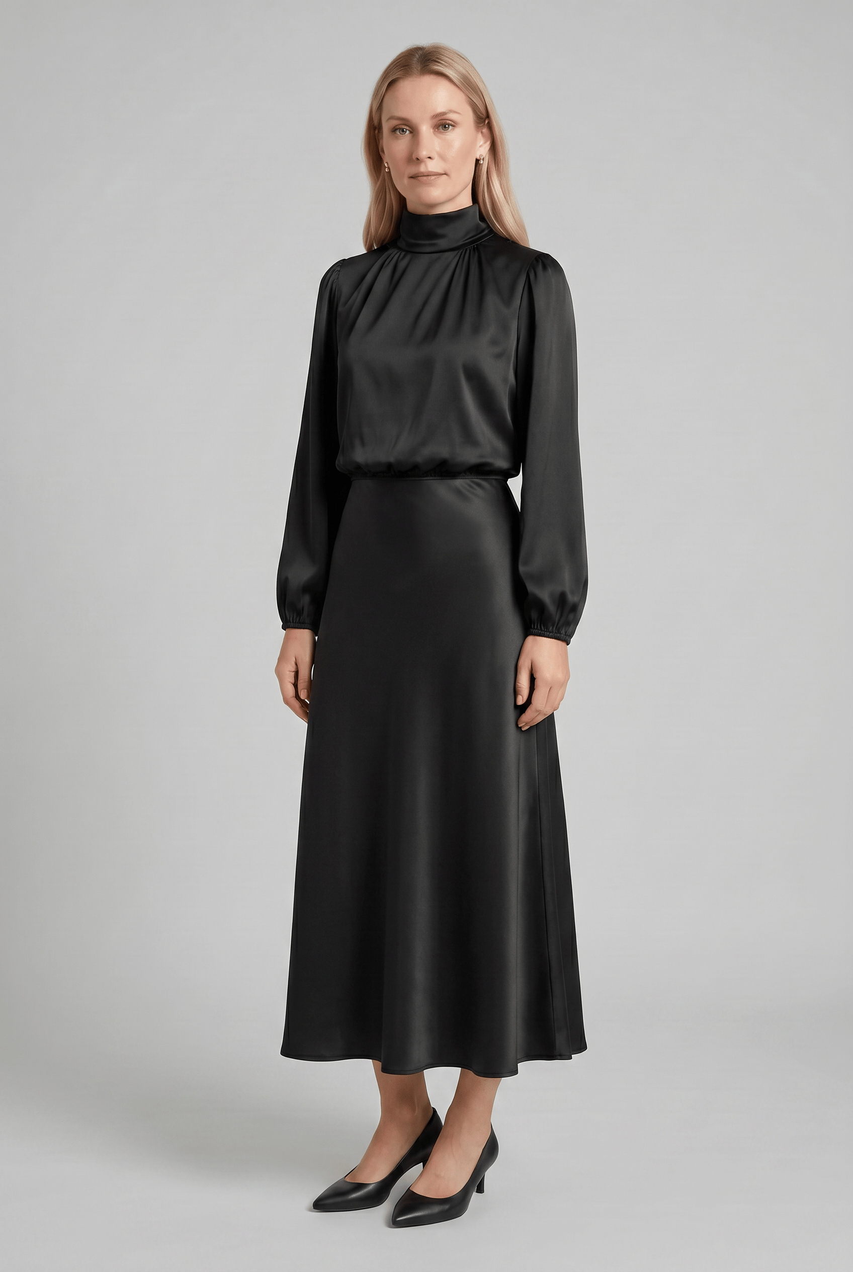 Women’s Mock Neck Long Bell Sleeves Pleated Dress | Midi