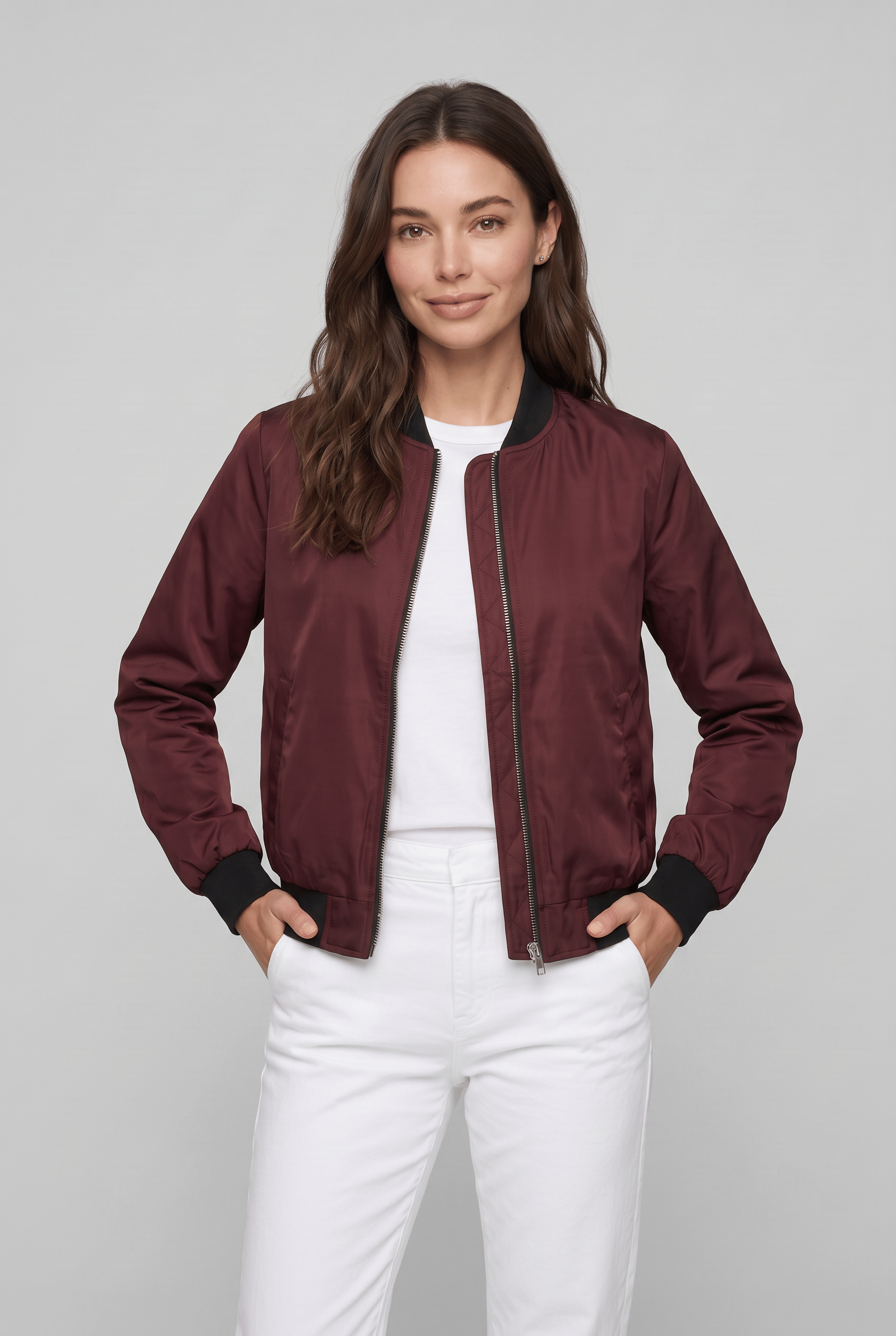 Women's Stand Collar Long Sleeves Casual Bomber Jacket | Zip Up