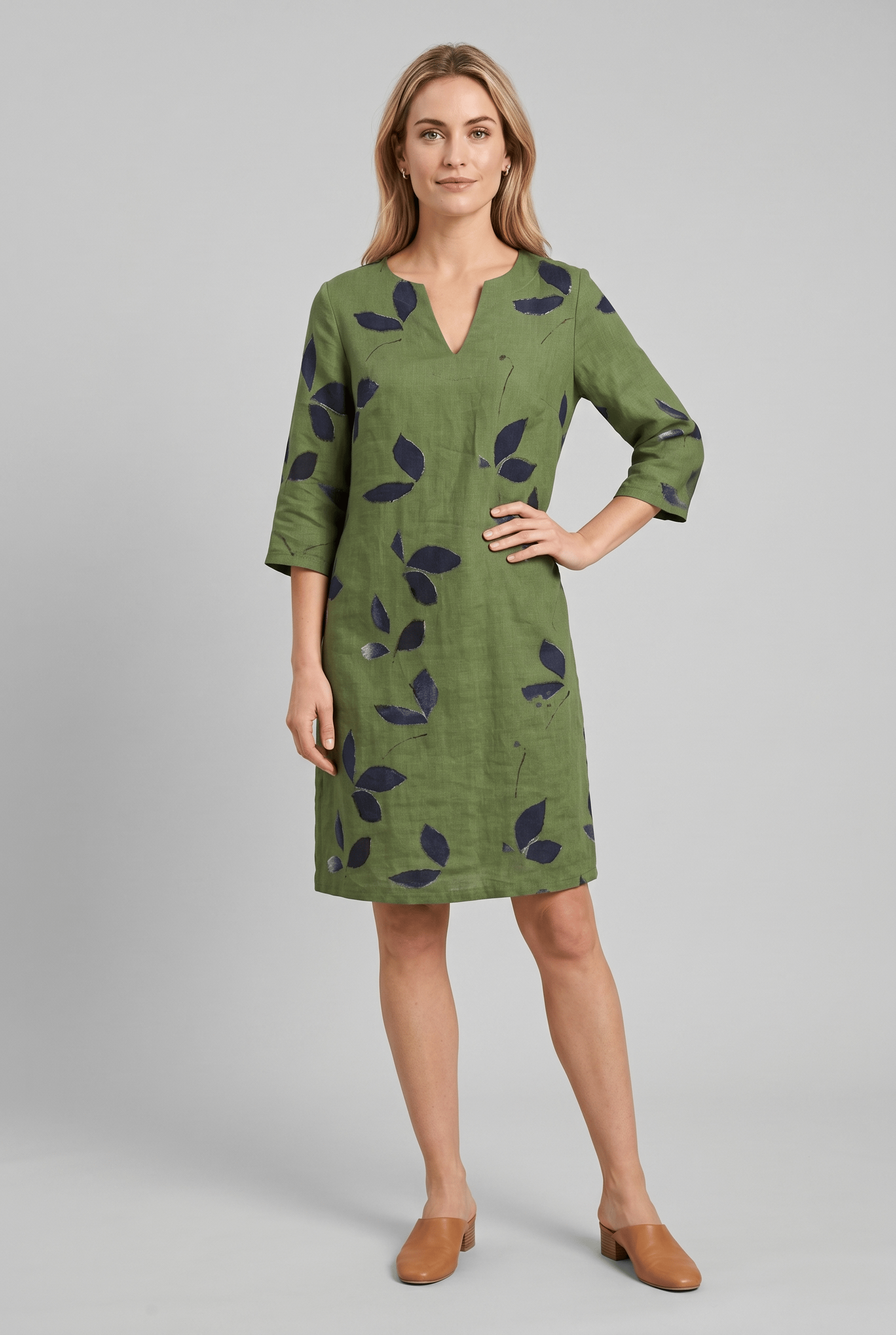 Women's Split Neck Short Sleeves Leaf Print Dress | Midi