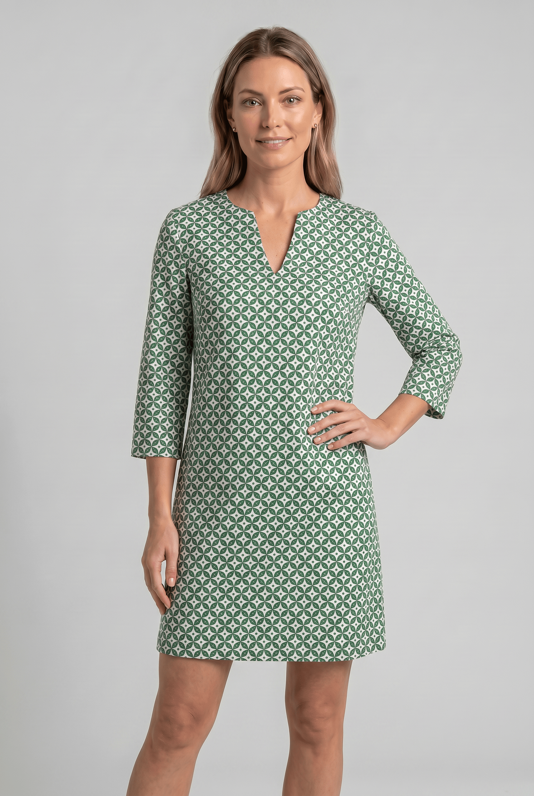 Women's Split Neck 3/4 Sleeve Geometric Print Shift Dress | Mini