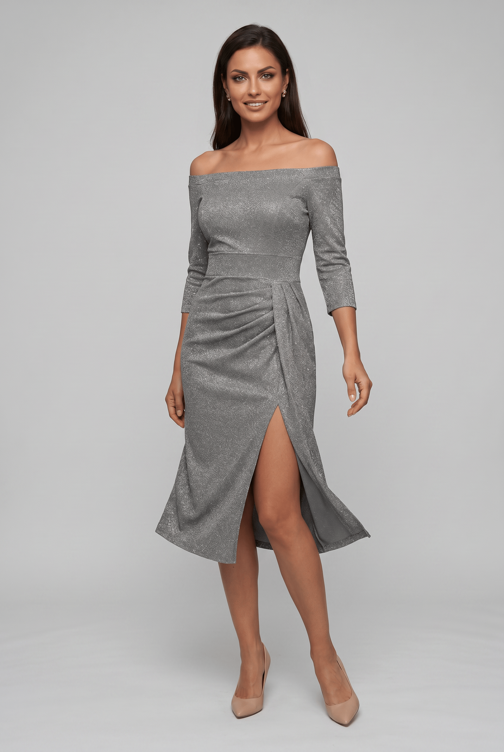 Women's Bardot Neck Off Shoulder Wrap Side Slit Dress | Midi