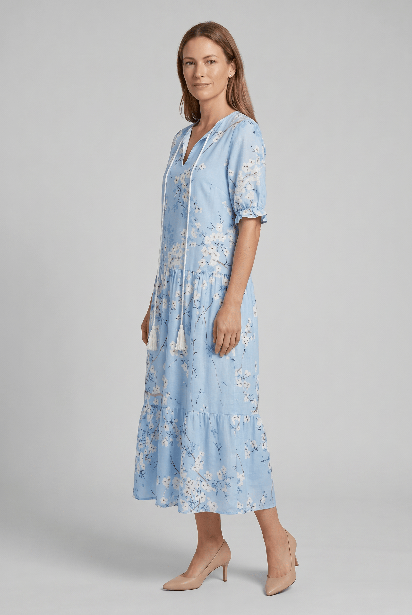 Women's V-Neck Short Sleeve Floral A-Line Dress | Maxi