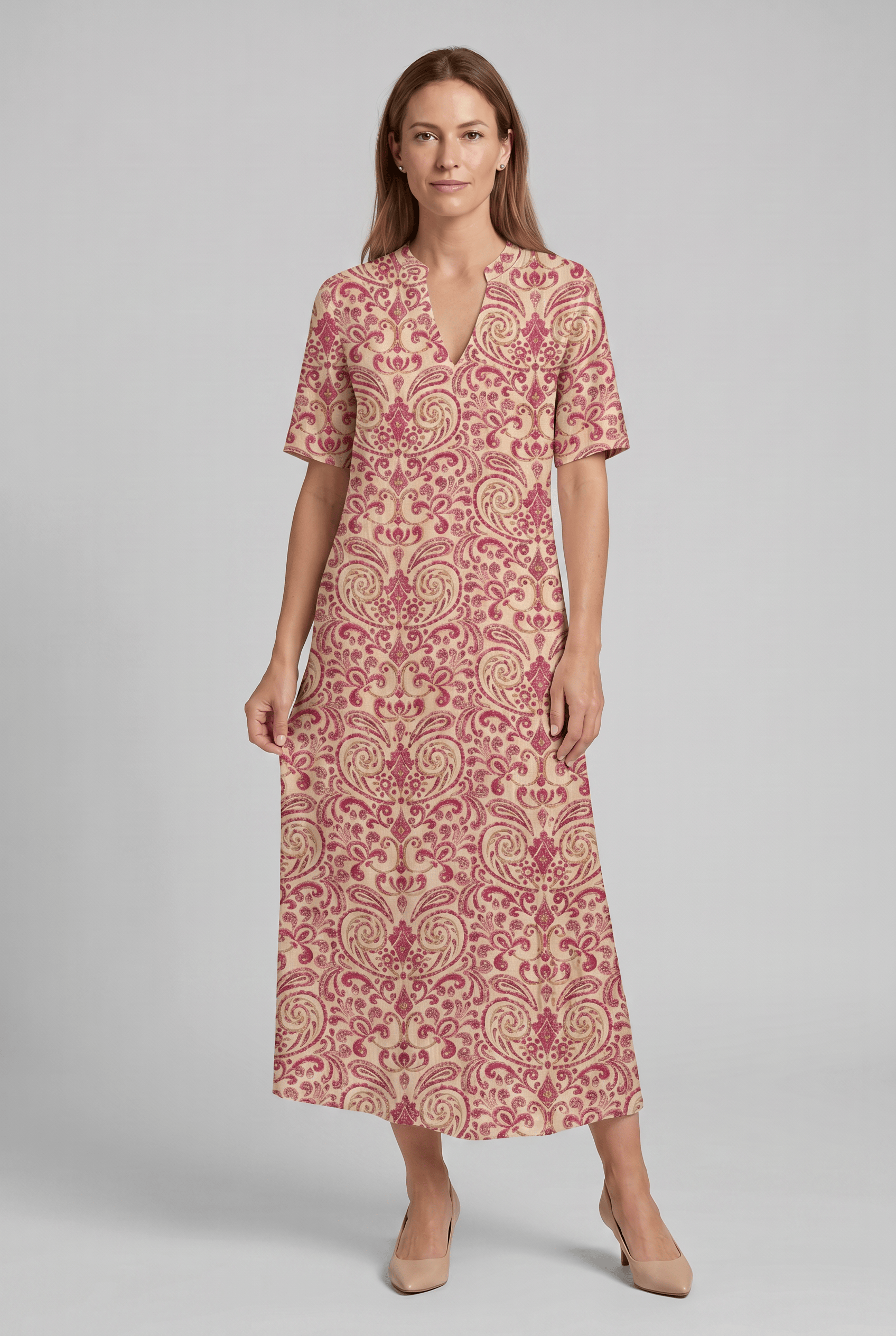 Women's V-Neck Short Sleeve Floral A-Line Dress | Maxi