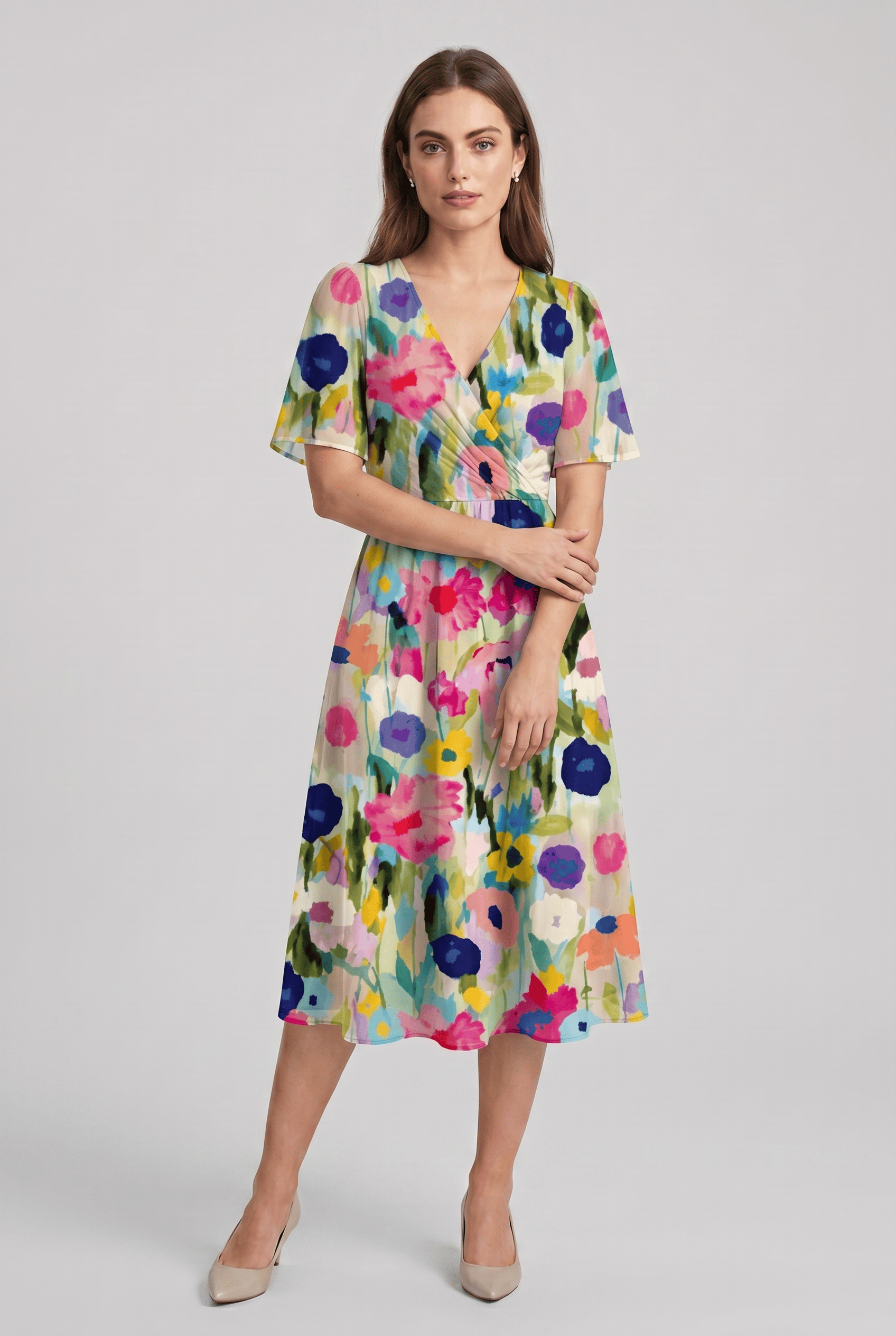 Women’s V-Neck Short Sleeves Wrap Flared Dress | Midi