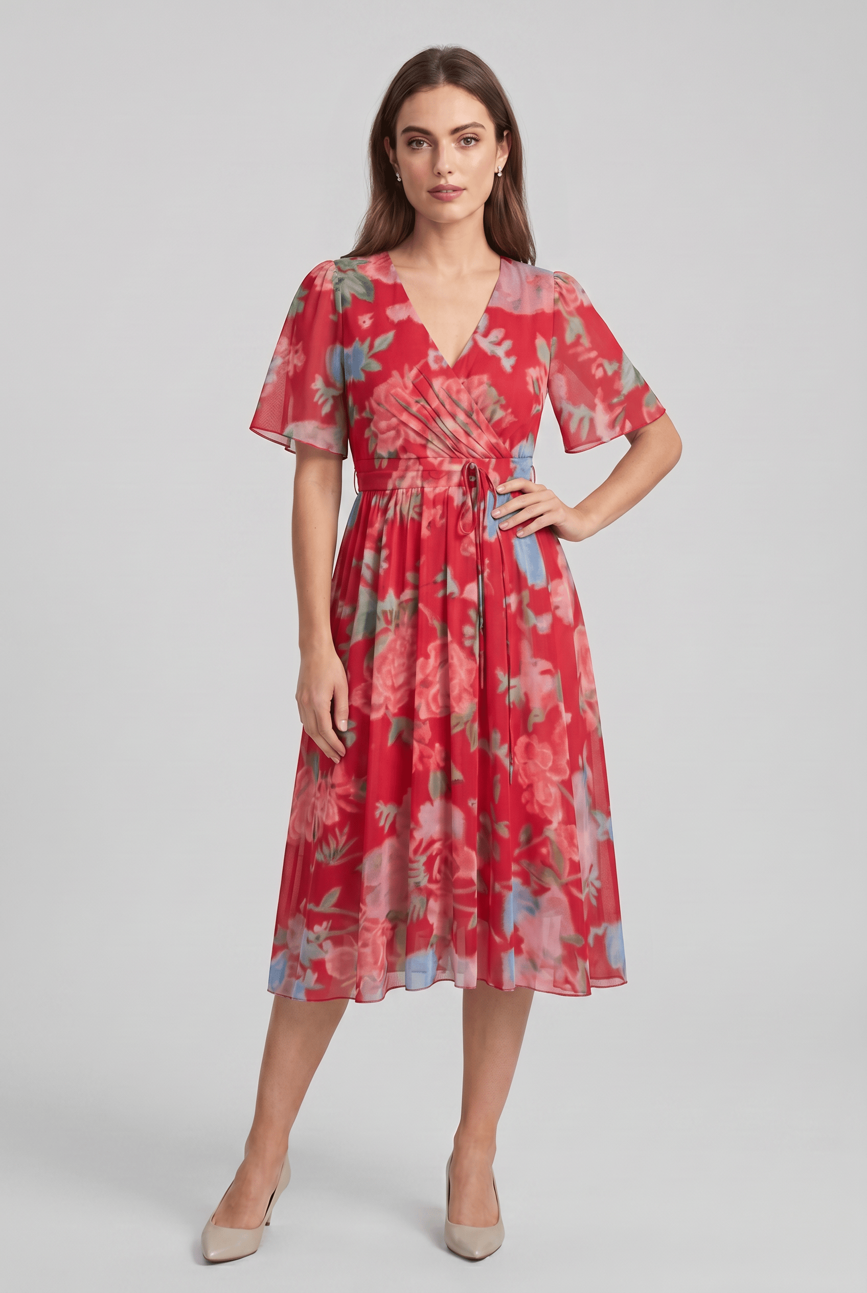 Women’s V-Neck Short Sleeves Wrap Flared Dress | Midi