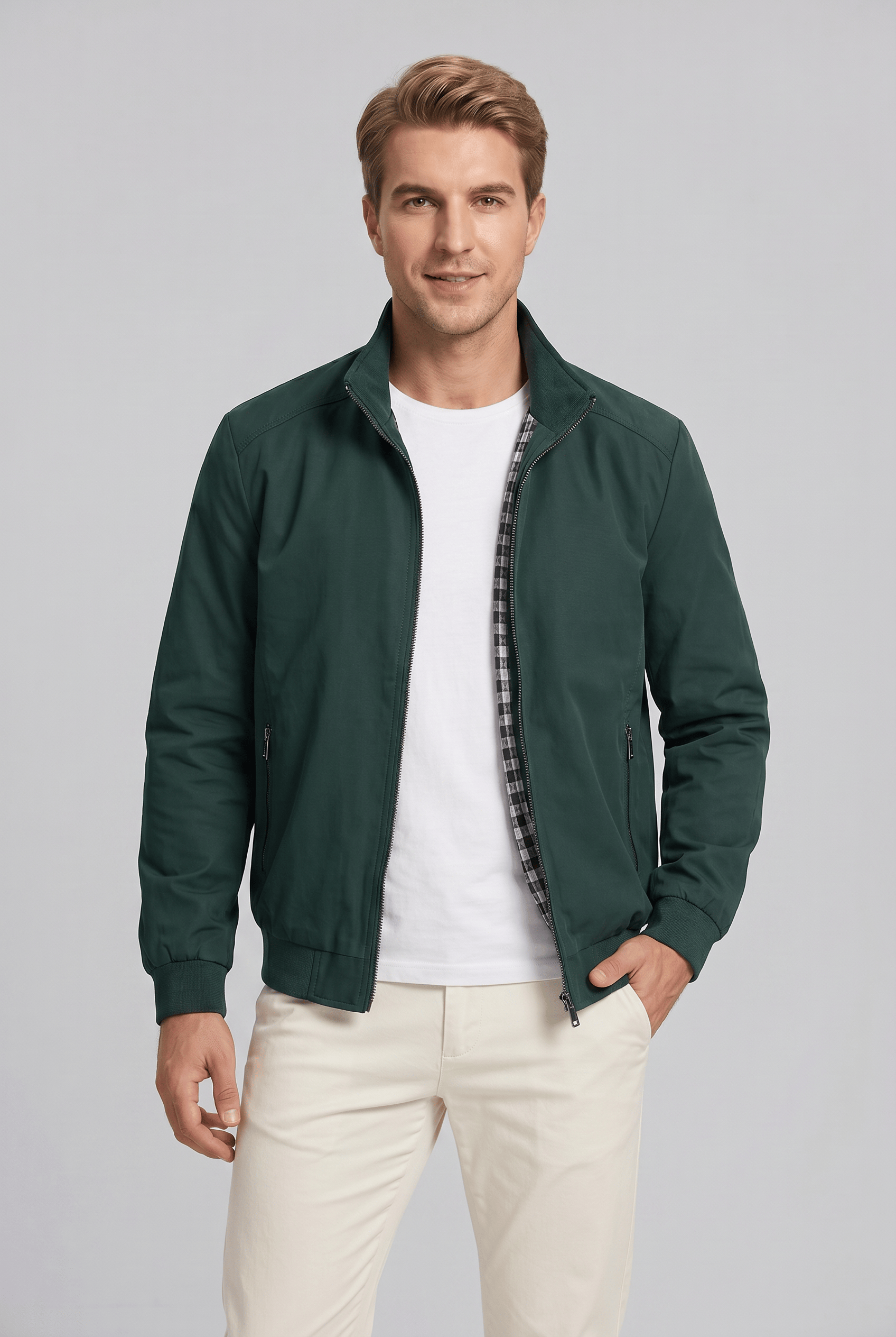 Men's Stand Collar Zipper Ribbed Cuff Jacket | Zip Pockets