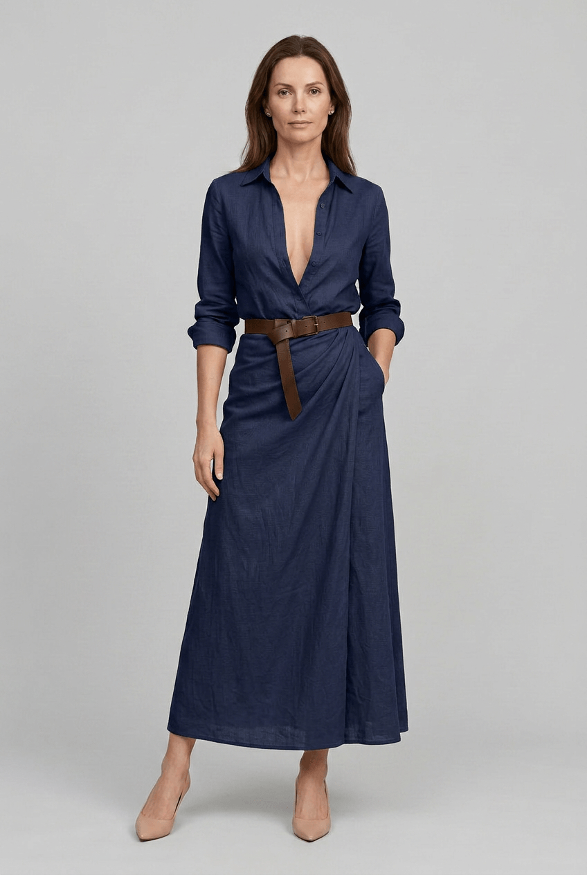 Women's Maxi Shirt Dress | Deep V-Neck & Draped Wrap Skirt