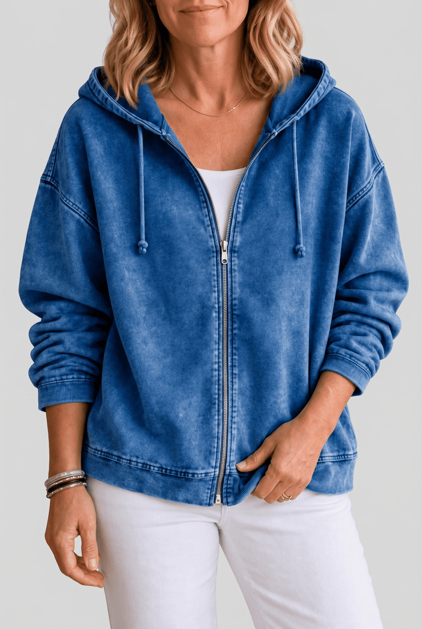 Women's Full Zip Washed Hoodie | Drawstring Hood