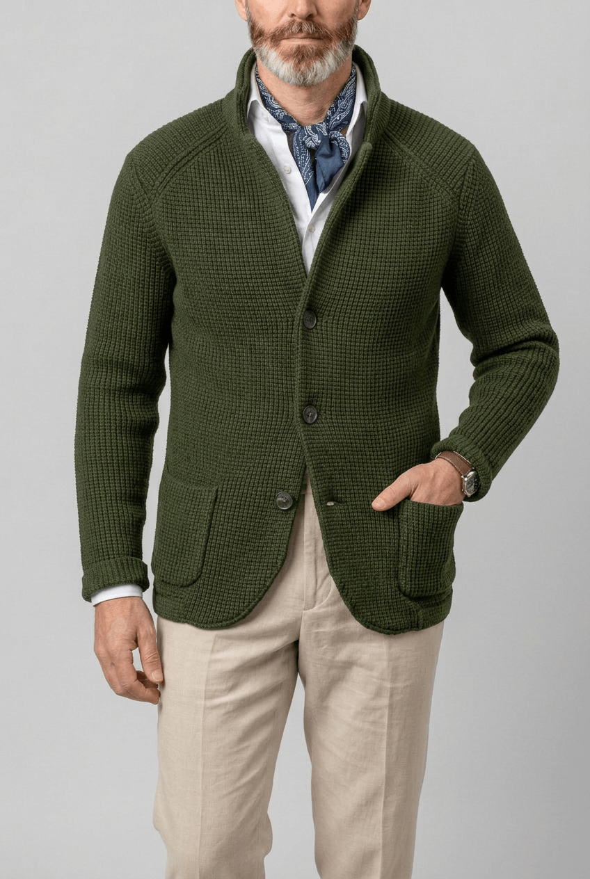 Knitted Cardigan for Men | Stand Collar & Button Front