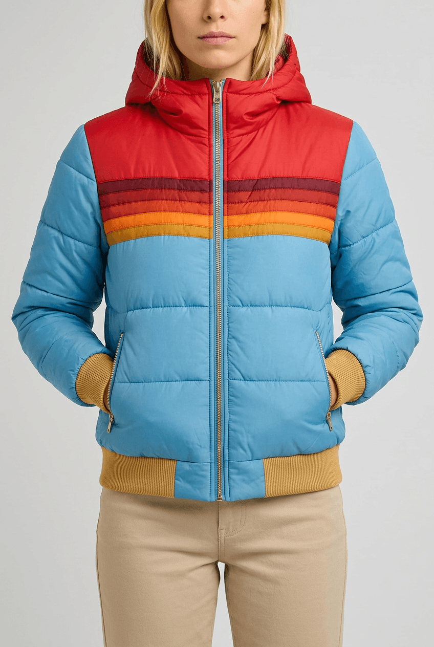 Women's Hooded Puffer Jacket | Colour Block Stripe