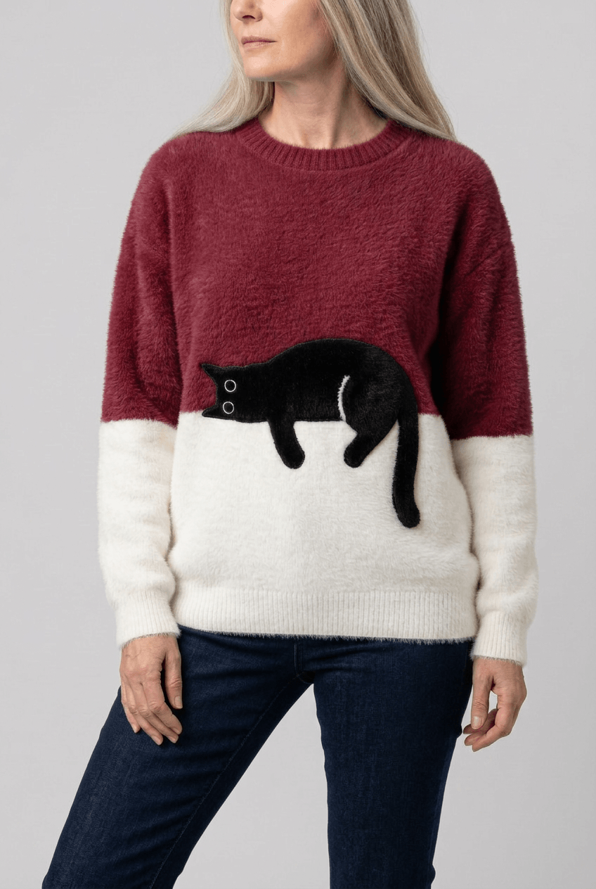 Women's Cat Motif Knit Jumper | Ribbed Crewneck