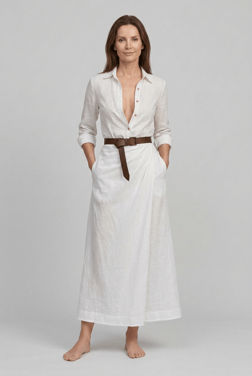 Women's Maxi Shirt Dress | Deep V-Neck & Draped Wrap Skirt