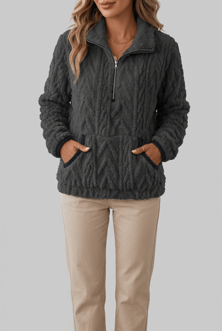 Women's Half Zip Fleece Jumper | Textured Fuzzy Kangaroo Pocket