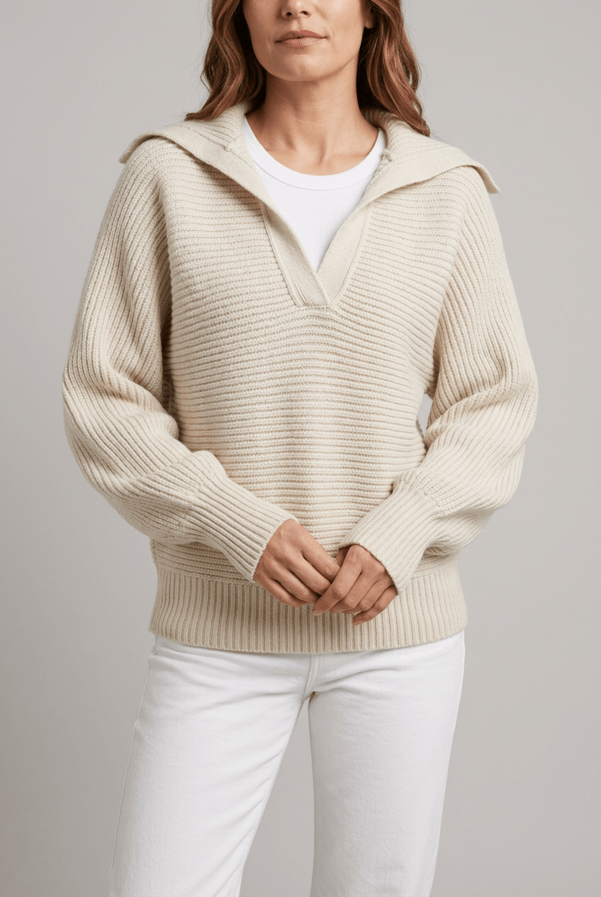 Women's Collared Knitted Jumper | V-Neck & Balloon Sleeves