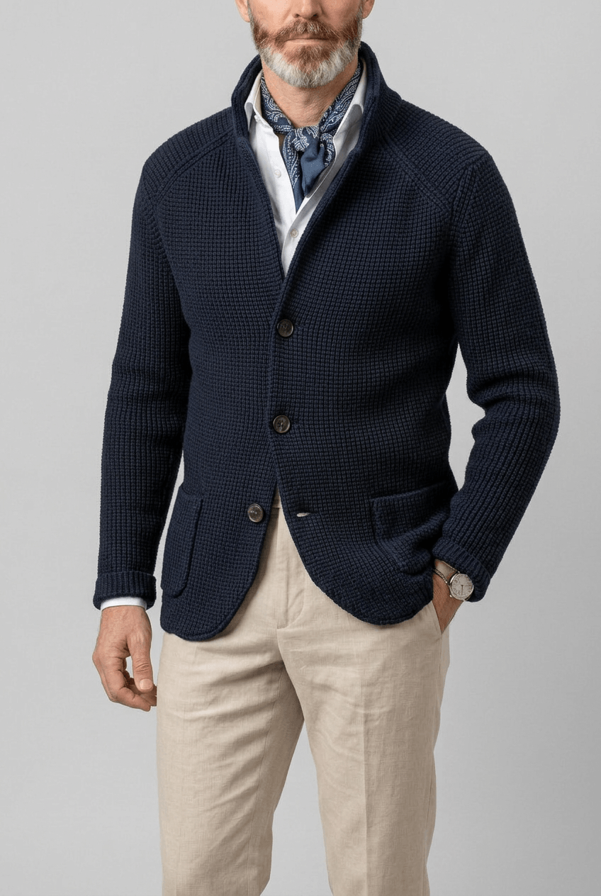 Knitted Cardigan for Men | Stand Collar & Button Front