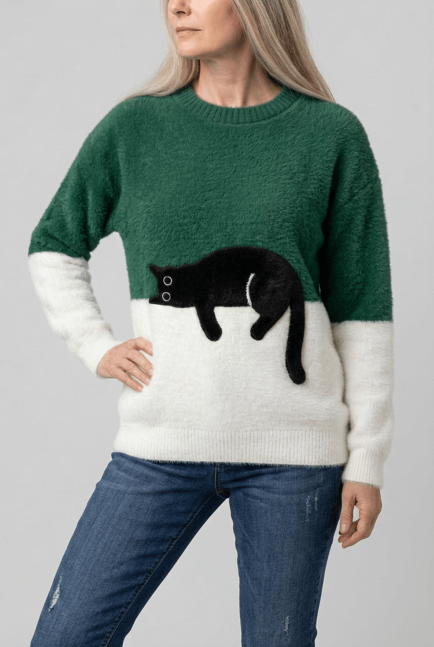 Women's Cat Motif Knit Jumper | Ribbed Crewneck