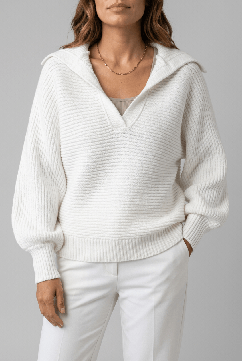 Women's Collared Knitted Jumper | V-Neck & Balloon Sleeves
