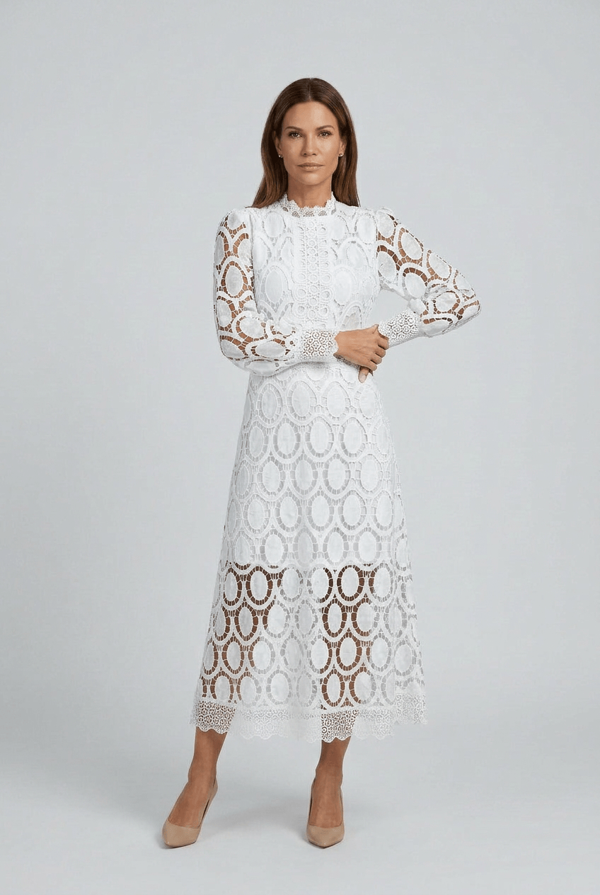 Women's Wedding Guest Dress Midi | Lace with Mock Neck & Long Sleeves