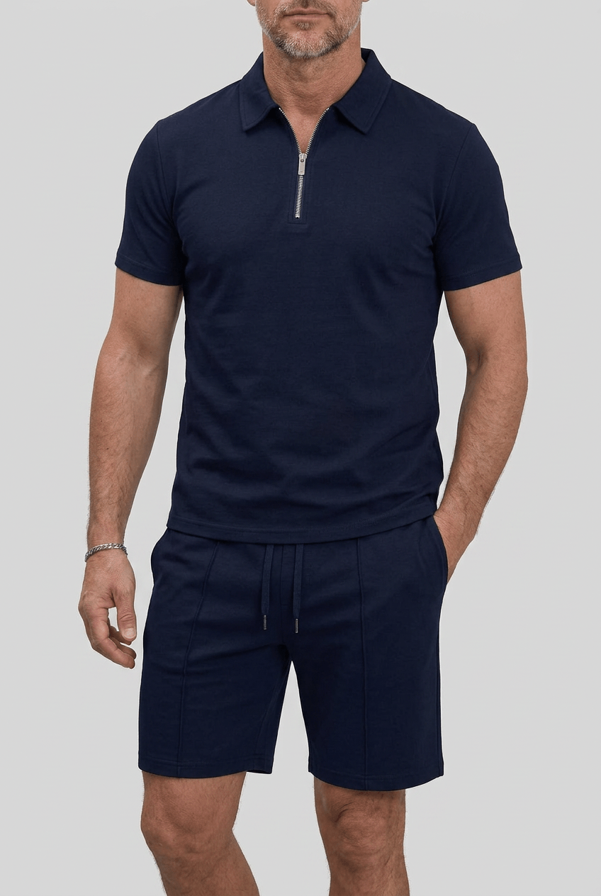 Men's Co-Ord Set | Zip-Up Polo & Drawstring Shorts