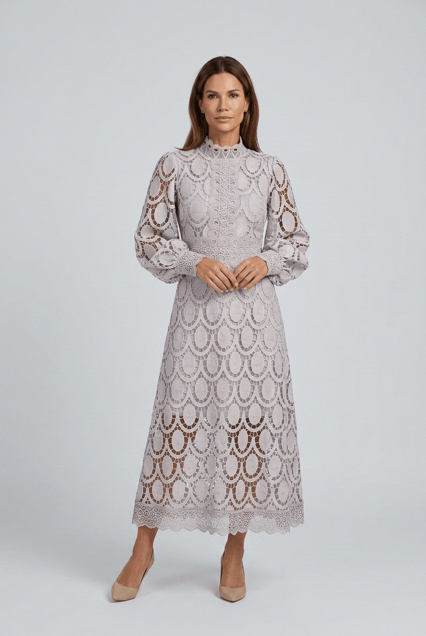 Women's Wedding Guest Dress Midi | Lace with Mock Neck & Long Sleeves