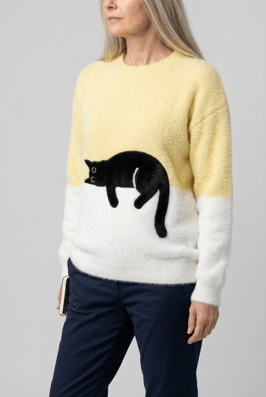 Women's Cat Motif Knit Jumper | Ribbed Crewneck