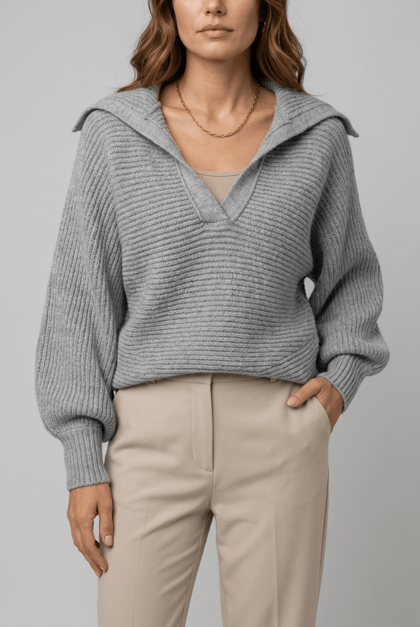 Women's Collared Knitted Jumper | V-Neck & Balloon Sleeves