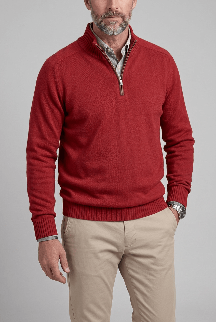 Men's Quarter Zip Sweater | High Collar and Ribbed Cuffs