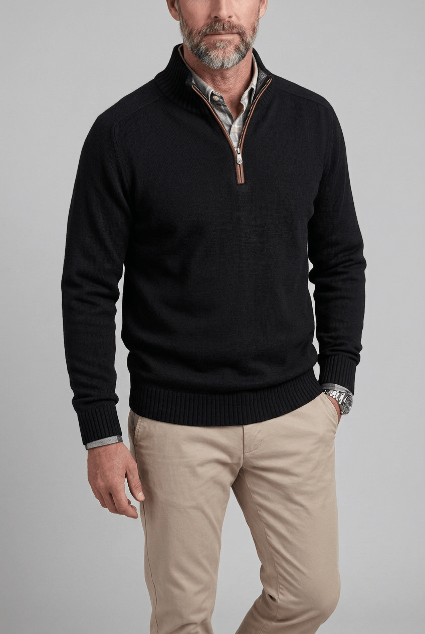 Men's Quarter Zip Sweater | High Collar and Ribbed Cuffs